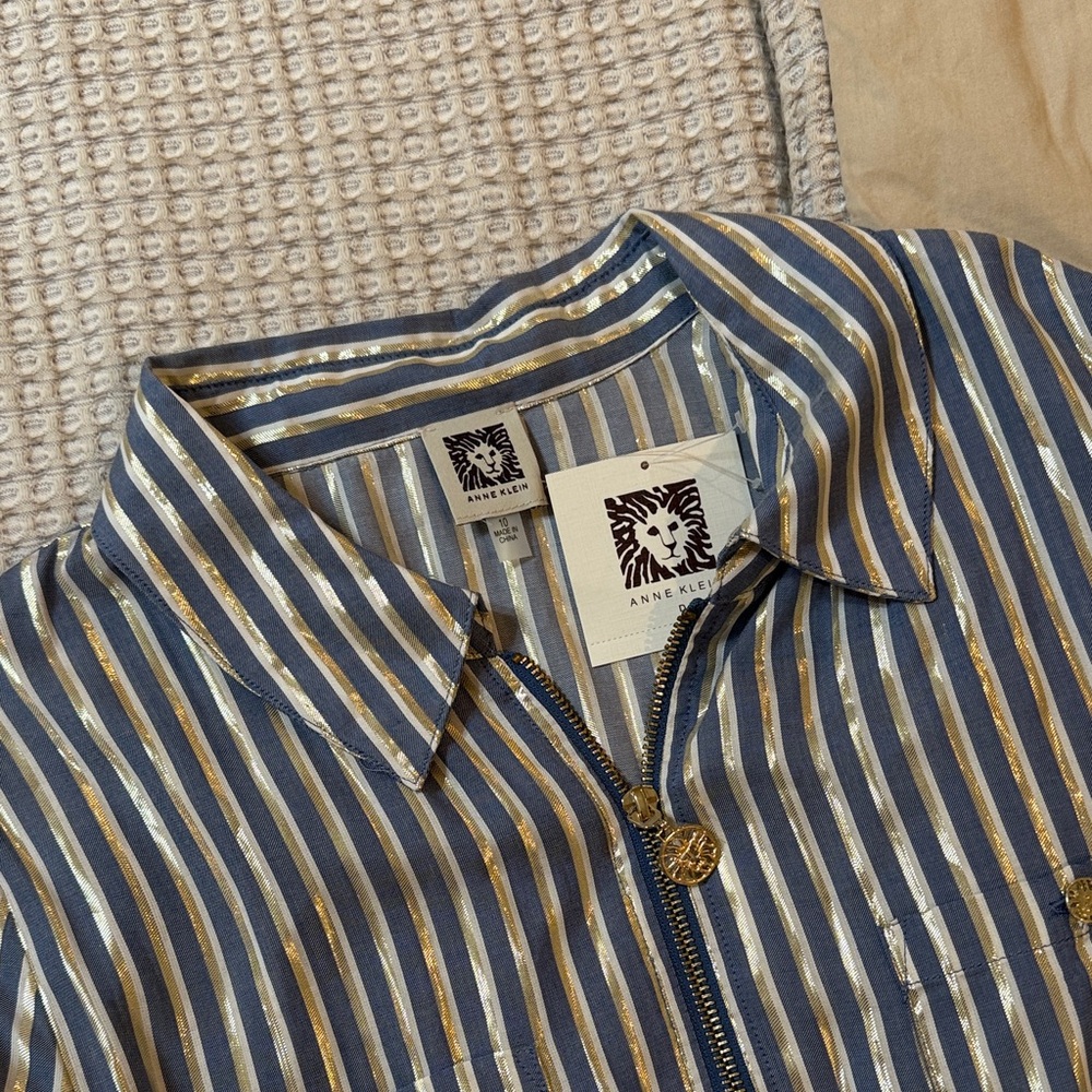 Anne Klein Blue and Gold Striped Long Sleeve Dress